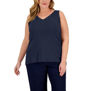 Karen Scott Women's Plus Size 3X 100% Cotton Navy Blue Lace-Trim Top NWT